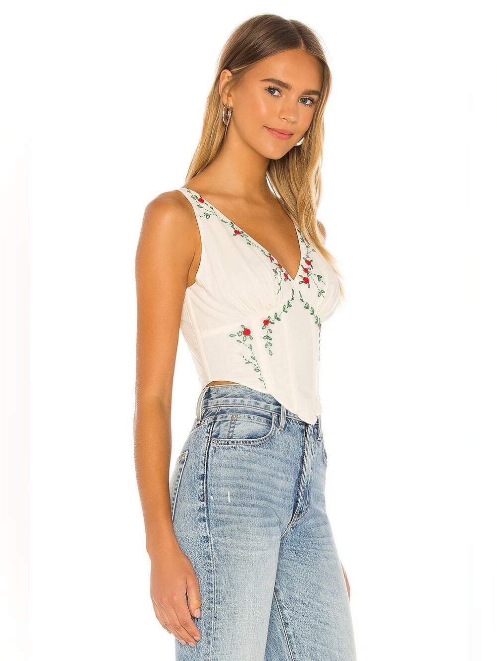LPA White Embroidered V-Neck Corset Camisole with Red and Green Floral Detail XL - Picture 2 of 11
